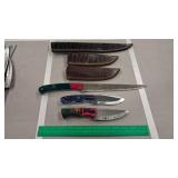 3 DAMASCUS KNIVES W/ SHEATHS