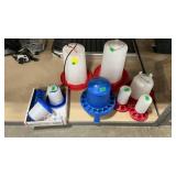 GROUP OF ASSORTED CHICKEN FEEDERS AND HEATED