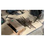 LARGE GROUP OF VTG PICK AXES, PITCH FORKS & SAW
