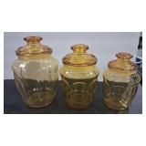 L.E. SMITH AMBER BUBBLE GLASS CANNISTER SET OF 3