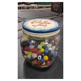 GLASS 'COOKIE JAR' OF MARBLES