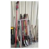 LARGE GROUP OF SHOVELS, RAKES, PICKS & MORE
