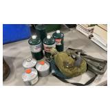 PROPANE LANTERN W/ 3 BOTTLES, 2 CANTEENS, HATCHET,