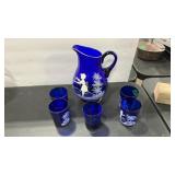 MARY GREGORY COBALT  WATER PITCHER & 5 CUPS