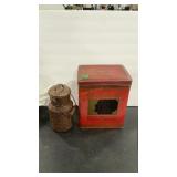 BROWN ENAMEL METAL LIDDED JUG & GERMAN BONBON TIN