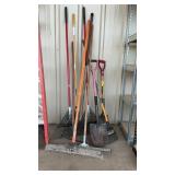 GROUP OF RAKES, BROOMS & SHOVELS
