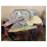 RED BAG W/ TIRE IRONS, CABLES, WIRING, BULBS