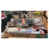 BX OF CAMPING ITEMS, COMPASS, GRINDING STONE,