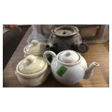 TEA POT, 2 COVERED DISHES & MISC
