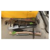 2 PIPE & 2 MONKEY WRENCHES, CHIPPING HAMMER & WIRE