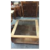 GLASS TOP OAK COFFEE TABLE