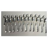 11 FEATHER EDGE TEASPOONS & 11 DESSERT SPOONS,