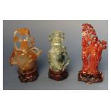3 CHINESE HARD STONE CARVINGS, JADE., CARNELIAN &