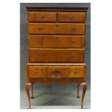 18THC. TIGER MAPLE HIGHBOY W/ QUEEN ANNE LEGS
