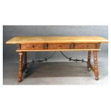 OAK ITALIANATE TABLE W/ IRON BRACES & 3 DRAWERS