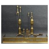 PR OF ANDIRONS, 2 SHOVELS, 2 TONGS & FENDER