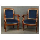 2 FRENCH EMPIRE STYLE CHAIRS IN BLUE VELVET UPHOLS
