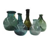 5 GREEN GLASS BLOWN BOTTLES, 3 W/ APPLIED LIPS
