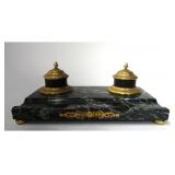 GREEN MARBLE AND ORMOLU INK & PEN STAND