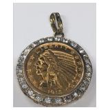 INDIAN HEAD $5 GOLD PIECE W/ DIAMOND SURROUND