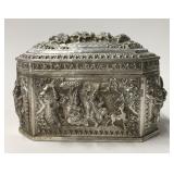 COLONIAL BURMESE SILVER LIDDED BOX, HEAVY REPOUSSE