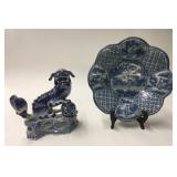 2 PCS. DELFT,  W/ DMG, 18THC. LOBED DISH & FOO DOG