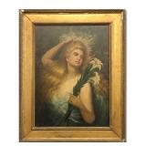 OIL / WOOD PANEL GIRL W/ LILY SGND