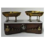 MARBLE TOP BALANCE SCALE W/ BRASS PANS & WEIGHTS