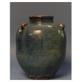 EARLY JUN YAO STORAGE JAR W/ BLUE GLAZE (12" X 9")