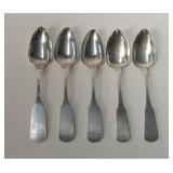 5 COIN  SILVER LARGE SPOONS, 3 BY H. MCKEEN, PHILA
