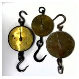 3 BRASS FACED SPRING SCALES, 100, 200 & 300 LB.