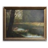 19THC. O/BD "ROW BOATS ON THE SHORE" UNSGND