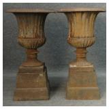 PR OF CLASSICAL FLUTED CAST IRON URNS ON BASES