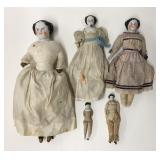 5 CHINA HEAD DOLLS (1 W/ SHOLDER CRACK)