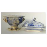 2 PCS. BLUE & WHITE TRANSFERWARE, COMPOTE & COV.