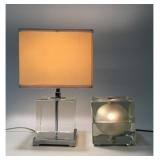 2 CRYSTAL CUBE LAMPS,  1 MILANO GLASS LAMP