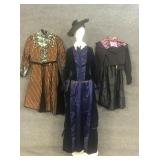 3 VINTAGE DRESSES & A HAT, VELVET & SATIN BUSTLE