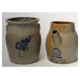2 PCS. COBALT DECORATED STONEWARE, BATTER JUG