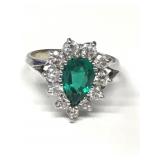 14KT WH GOLD, PEAR SHAPED EMERALD & DIAMOND RING