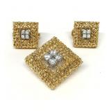 VINTAGE 18KT SQUARE DIAMOND BROOCH & EARRINGS,