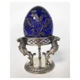 COBALT BLUE RUSSIAN EGG ON SILVER STAND