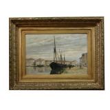 EMILE VERNIER "SHIP AT DOCK" O/C (16" X 24")