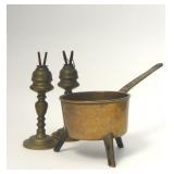 BRONZE POSSET POT & PR OF C.1800 WHALE OIL LAMPS