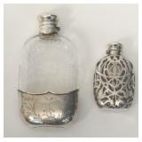 2 CRYSTAL POCKET FLASKS W/ SILVER OVERLAY