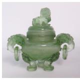 GREEN JADE COVERED JAR W/ RING HANDLES
