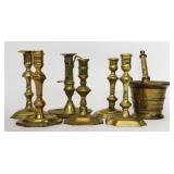 EARLY BRASS INC. 6 PERIOD CANDLESTICKS & MORTAR &