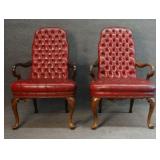 PR OF RED LEATHER  QUEEN ANNE STYLE ARM CHAIRS