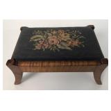 TIGER MAPLE SABRE LEG CRICKET STOOL W/ NEEDLEPOINT