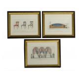 3 FRAMED HAND COLORED ENGRAVINGS, CHAIRS, SOFA &
