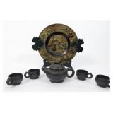 JAPANSESE LACQUER TRAY & EARTHENWARE TEAPOT & CUPS